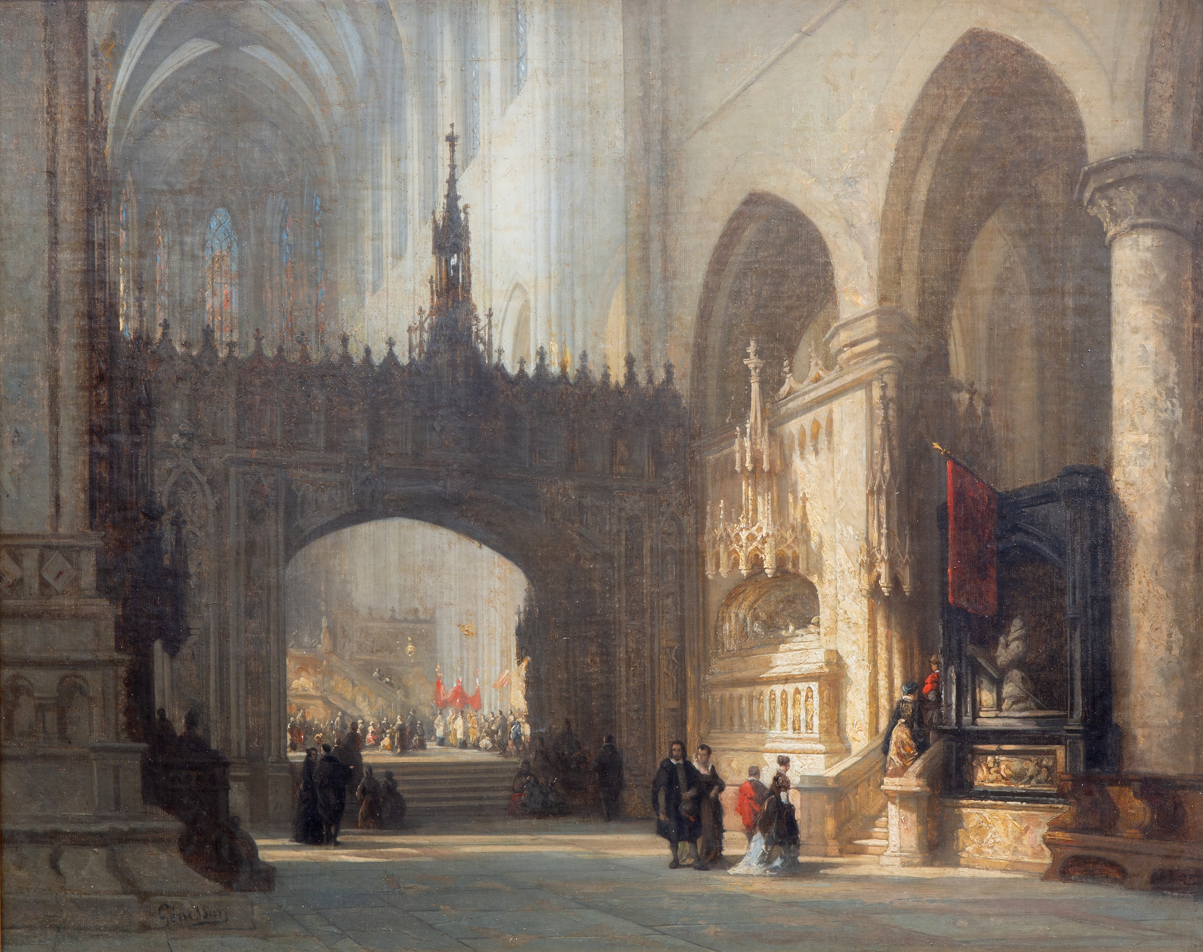 Artwork by Jules Victor Genisson, A Gothic cathedral interior with many figures, Made of oil on canvas