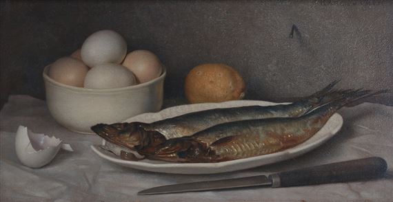 Still life with fish, eggs and lemon by Karel van Veen