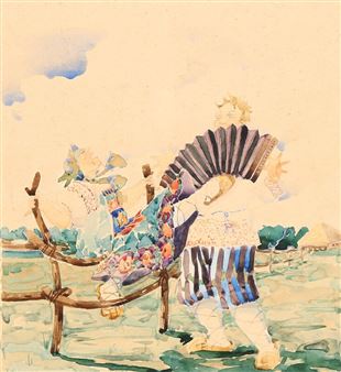 Landscape with two Russians singing and playing harmonika - Boris Krilov