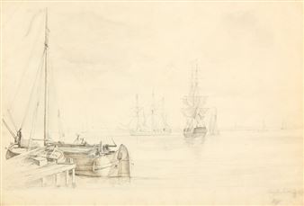 Harbour scenery with numerous sailing ships - Frederik Theodor Kloss