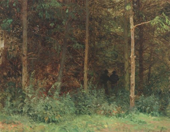 Forest scenery with hunters by Cilius Andersen