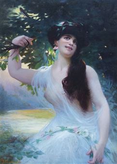 Jeune Femme en robe blanche vaporeuse en bord d'étang - Jean Gounod