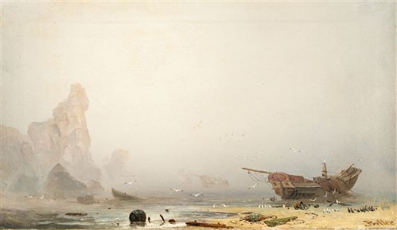 Shipwrecks in the fog off a rocky coast by Friedrich Preller the Younger