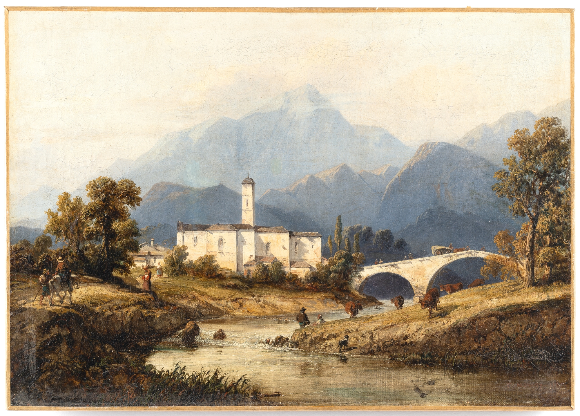 Artwork by C. F. Merley, View of a monastery church on the Adige river in South Tyrol, Made of Oil on canvas, relined