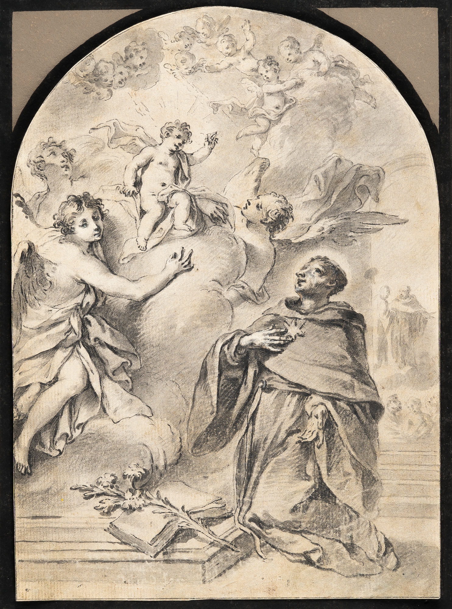 Artwork by German School, 18th Century, St. Anthony surrounded by angels, Made of Pen and black ink and grey brush, heightened with white, on laid paper with cut watermark “crowned coat of arms”