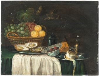 Still life with grapes, berries, oysters, lemon and wine glass - Monogrammist J.H.V.