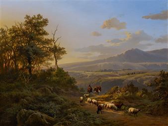 Southern Mountain Landscape with Shepherds in Evening Light - Eugene Verboeckhoven