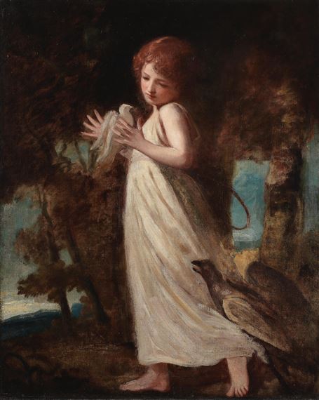A girl rescuing a dove from a hawk by George Romney