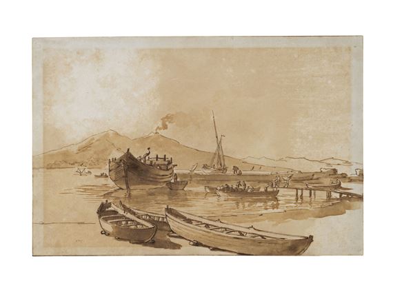 La baie de Naples, des bateaux au premier plan, le Vésuve au fond by Claude-Joseph Vernet