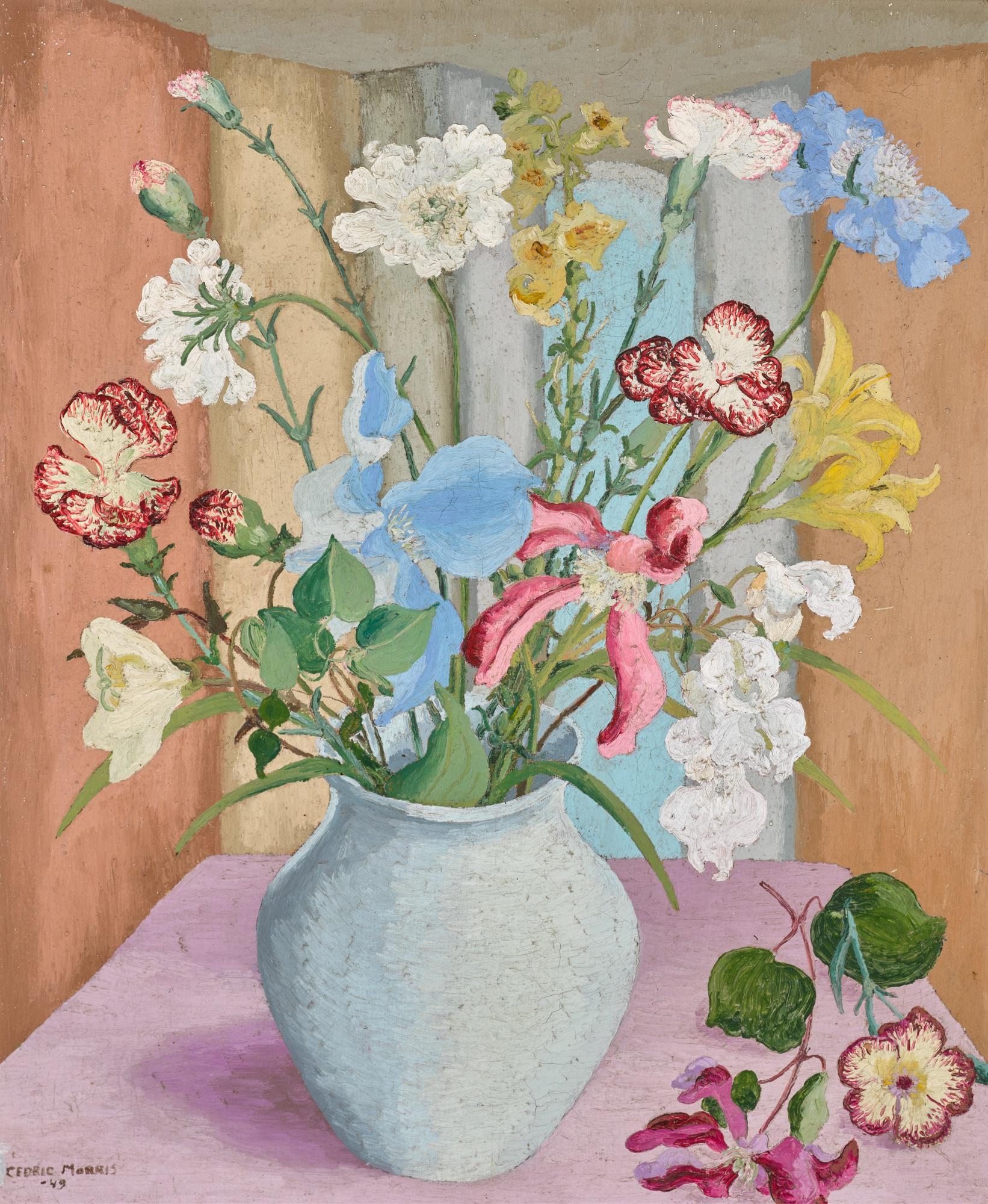Artwork by Sir Cedric Morris, STILL LIFE (SCABIOUS, CARNATIONS AND HEMEROCALLIS), Made of oil on canvas
