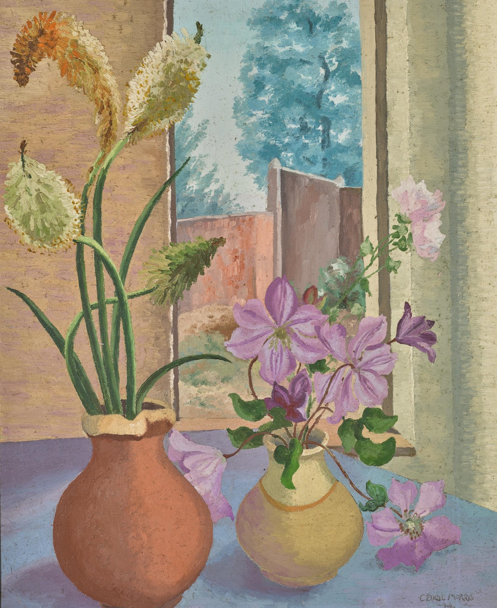 STILL LIFE (CLEMATIS, KNIPHOFIA AND HOLLYHOCK) by Sir Cedric Morris, dated 44