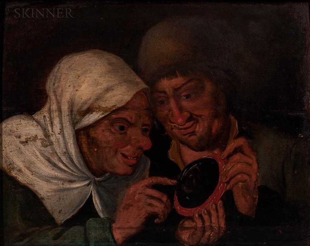 Manner of Pieter Bruegel the Elder (Flemish, 1525-1569) The Sense of Sight: Peasant Couple with a Mirror by Pieter Brueghel the Elder