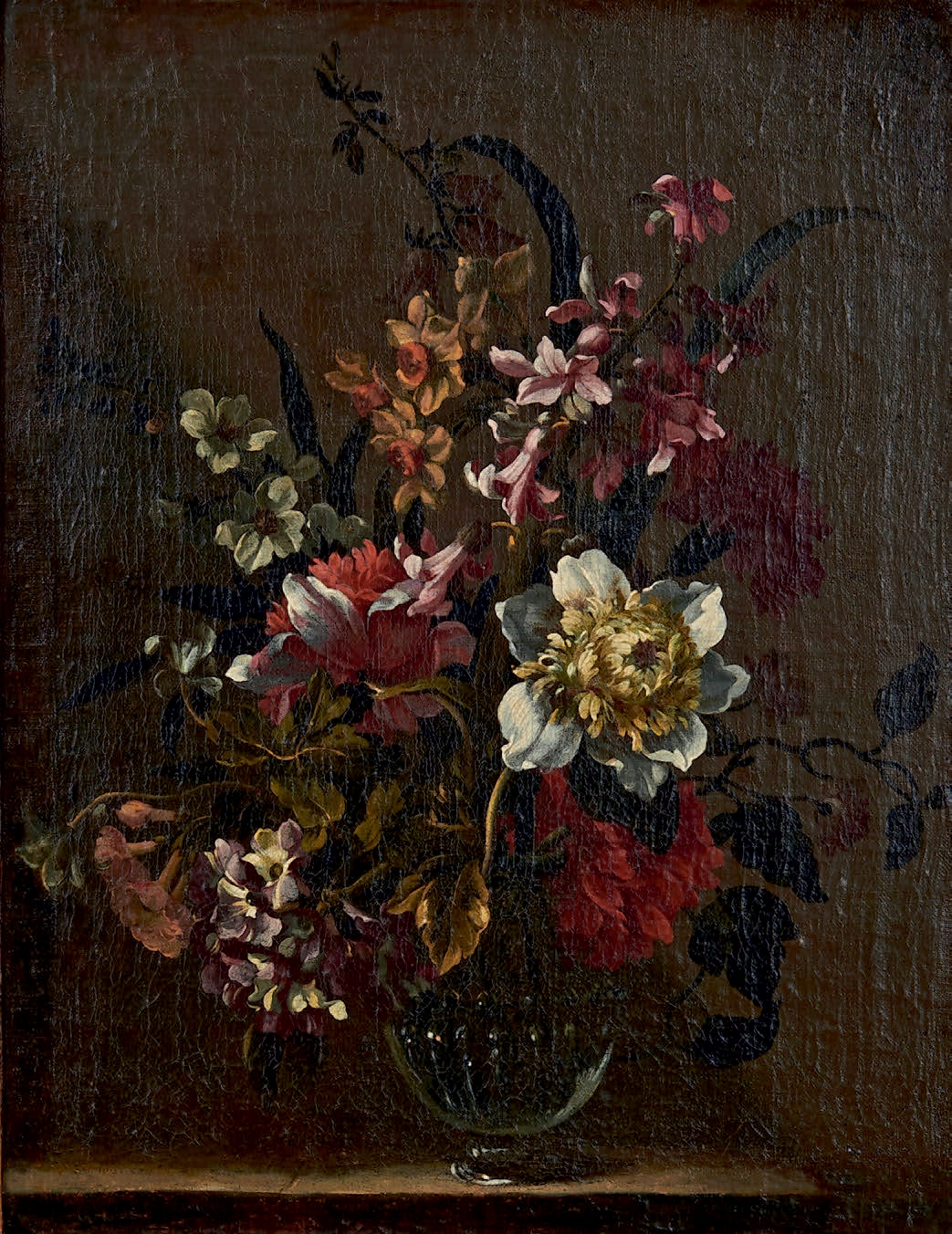 Bouquet of flowers in a vase on an entablature by Flemish School, 17th Century