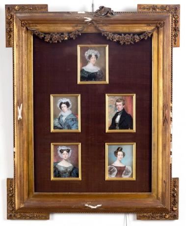 A family group of five Portrait Miniatures framed as one by Frederick Cruickshank, 1834-1835