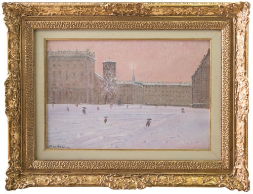 Artwork by Sergio Manfredi, Torino, nevicata in Piazza Castello, Made of oil on masonite