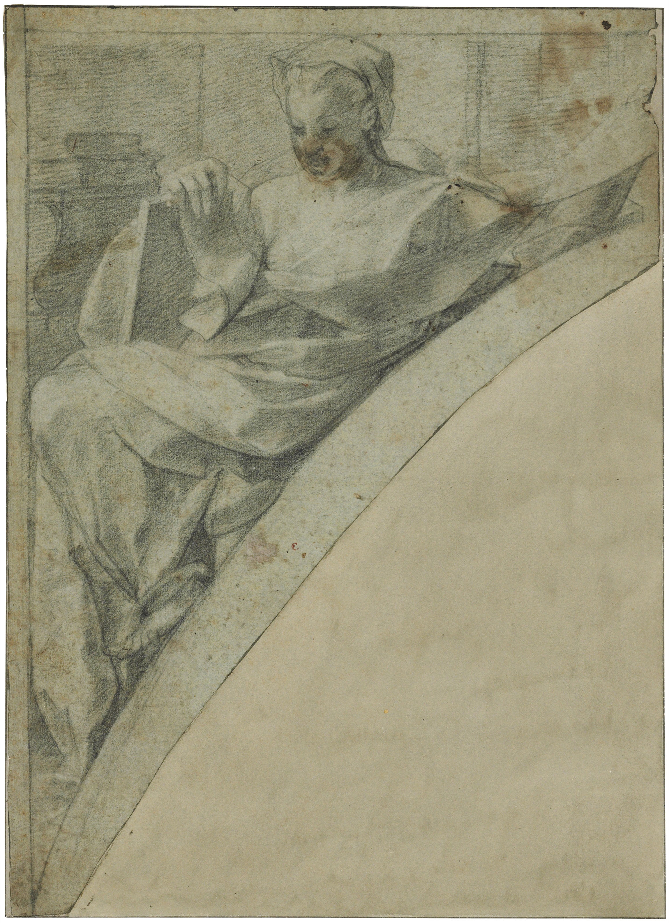 Artwork by Italian School, 16th Century, A prophetess holding a tablet, Made of black chalk on blue paper, shaped
