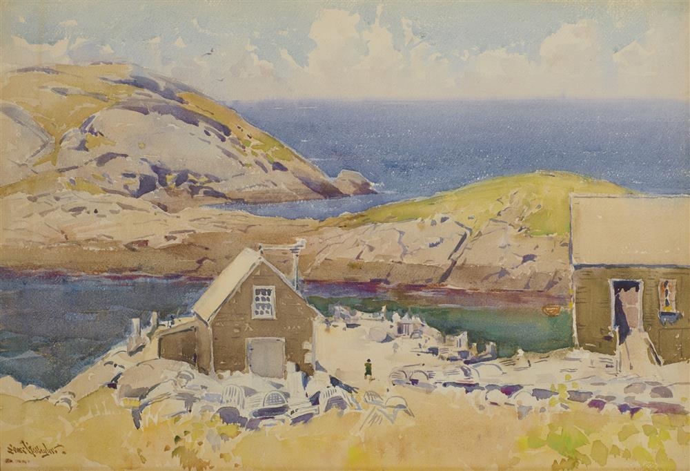 Artwork by Sears Gallagher, View of The Main Dock from Upper Fields, Monhegan, Maine, Made of watercolor