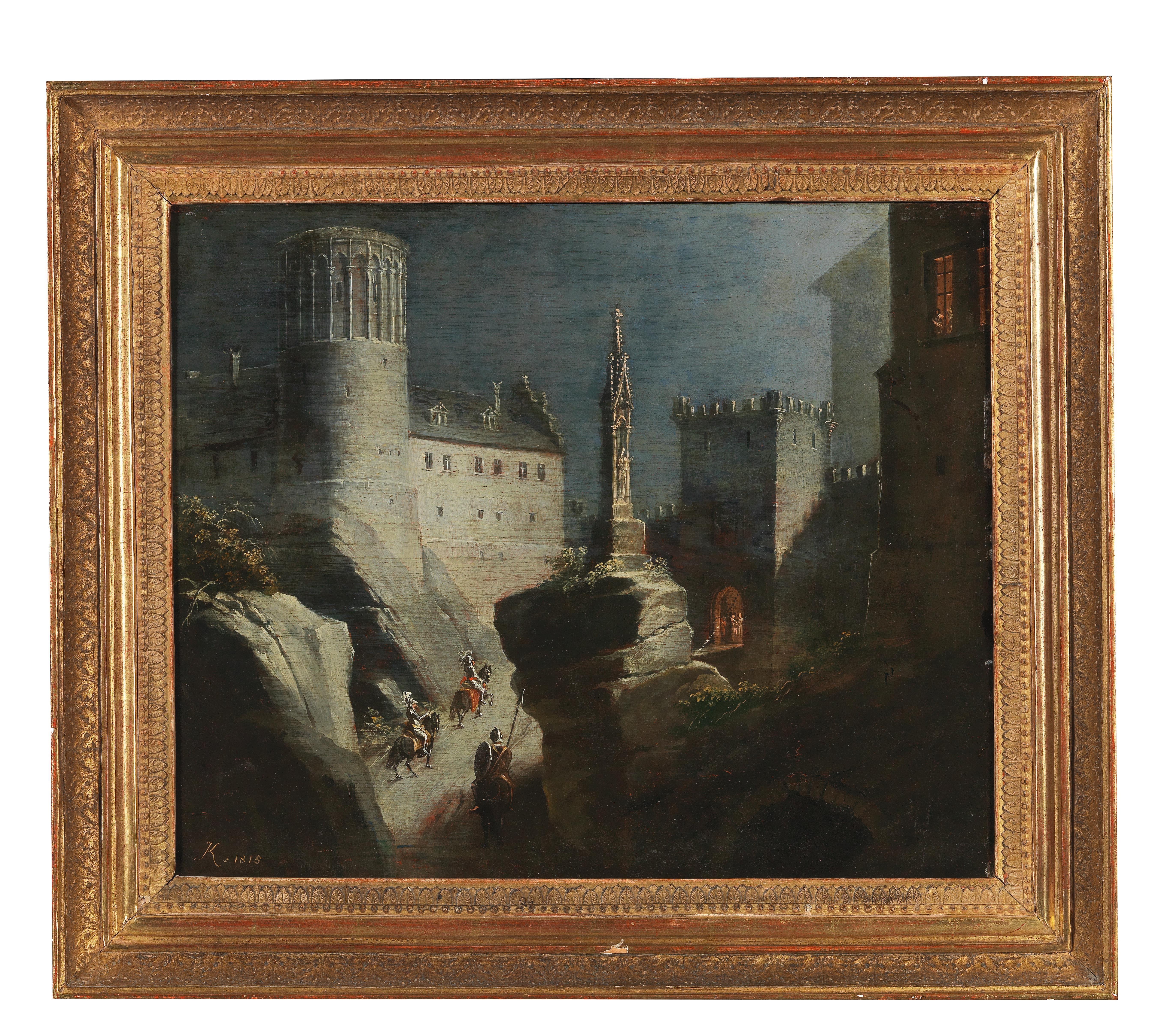 Artwork by Ludwig Kohl, Riders Approaching a Romantic Castle, Made of Oil on panel