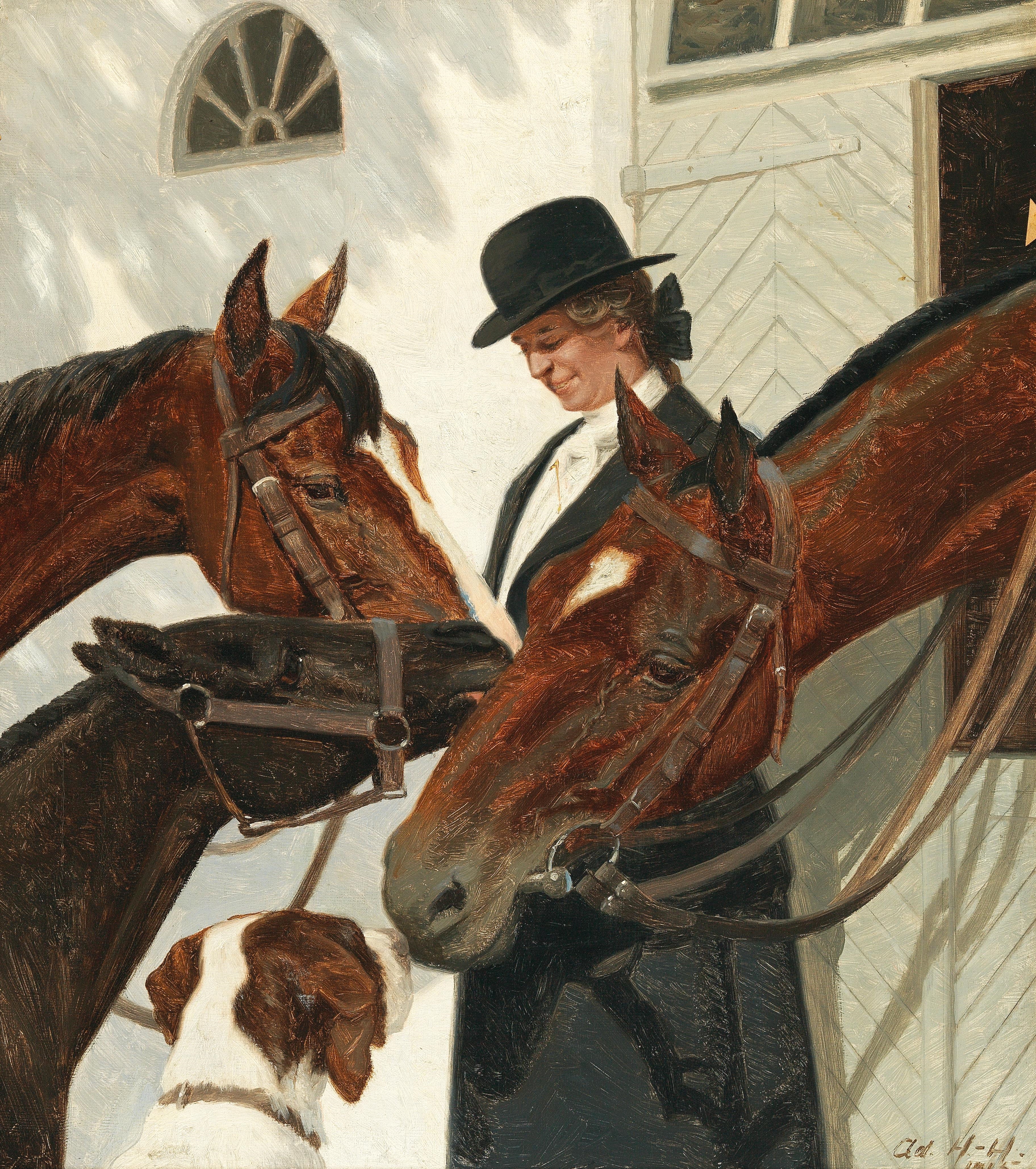 Мужик привел коня в квартиру. Adolf Heinrich Hansen картины.