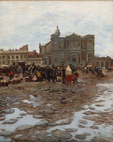 View on Grzybowski Square in Warsaw ("Construction of All Saints Church") by Stanisław Masłowski, 1892