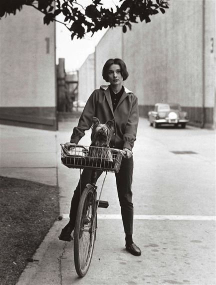 Audrey Hepburn on her Bike with Her Dog "Famous" at Paramount Studios