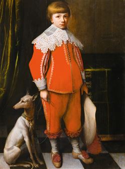 PORTRAIT OF A BOY AGED 8 YEARS IN A RED COSTUME TOGETHER WITH A DOG - Willem van der Vliet