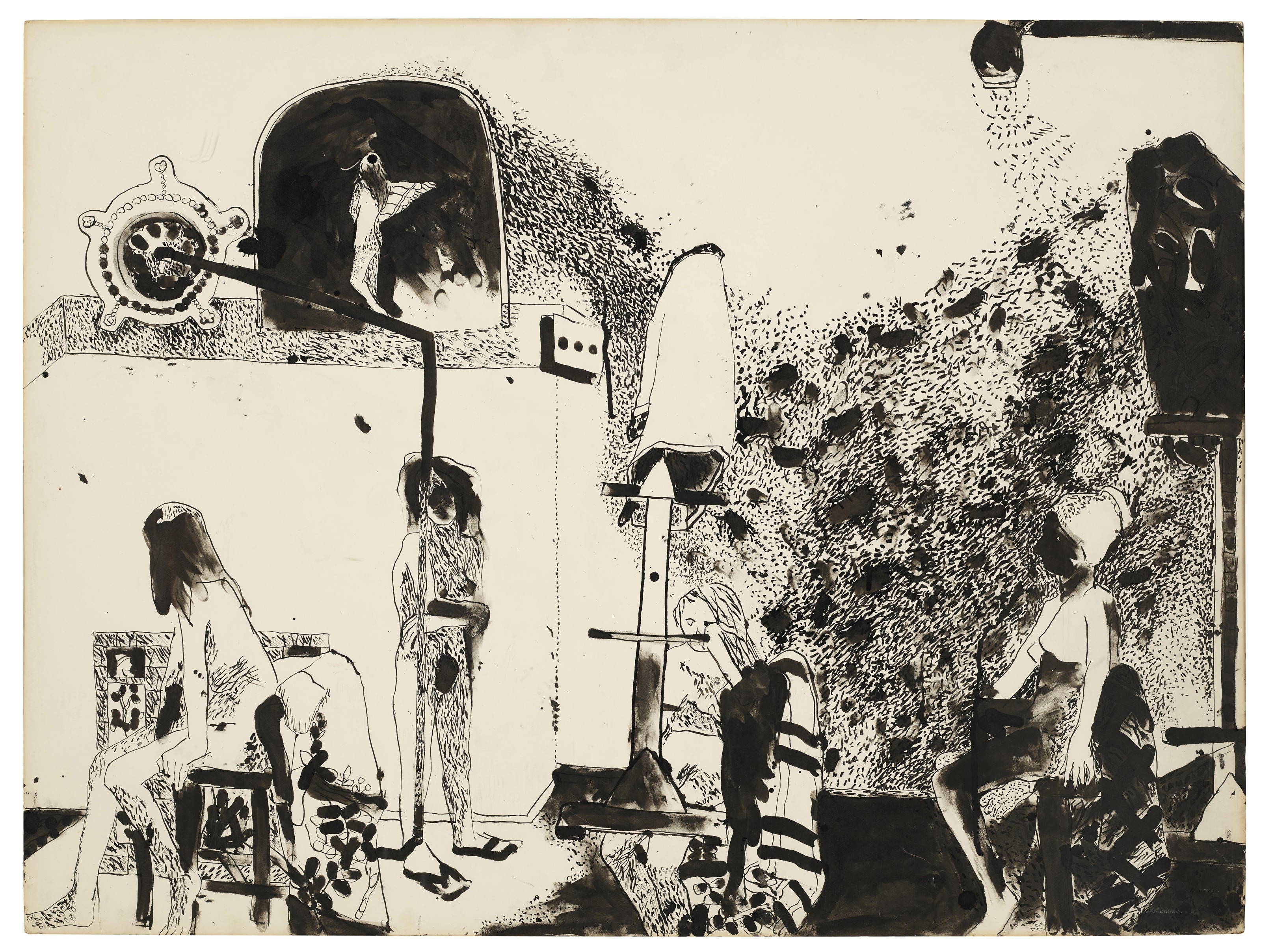 Artwork by Joan Brown, Models Thinking About Girl with Wing, Made of ink on paperboard
