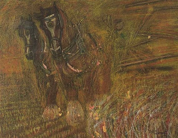 A textured, impressionistic study of two horses in a field.