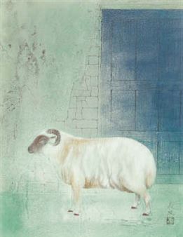 A white sheep stands in profile against a textured wall with a blue door.