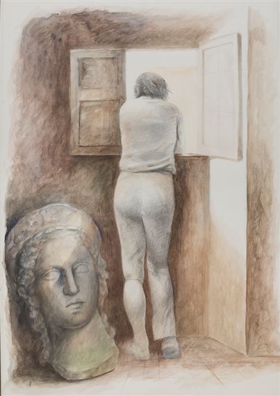 Mariani alla finestra dell'abitazione di Goethe al Corso by Carlo Maria Mariani, 1986/1987