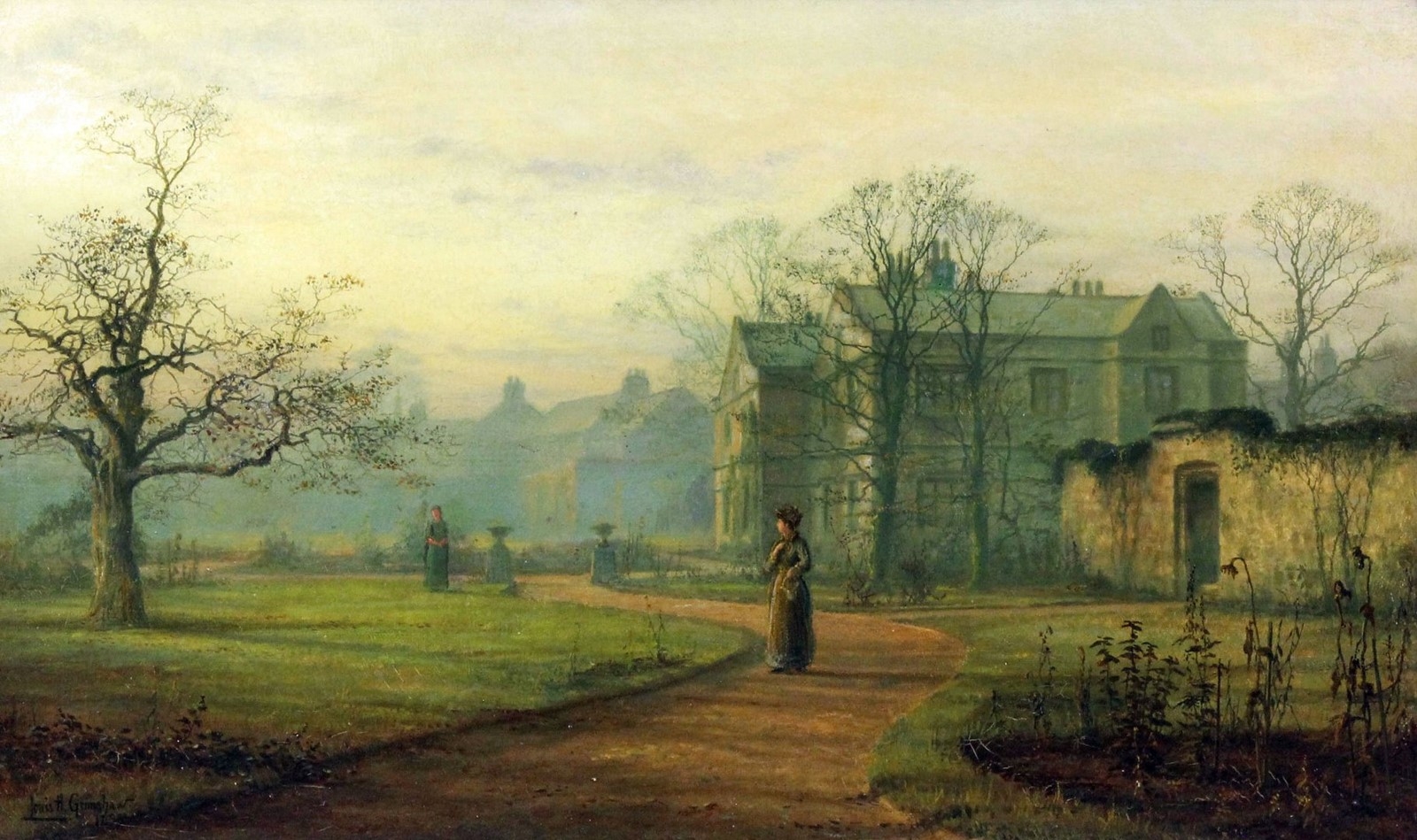Artwork by Louis Hubbard Grimshaw, Two ladies at dusk in the garden of a large house, Made of oil on canvas