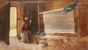A painterly scene of a figure weaving fabric in a rustic interior.