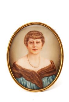 A formal miniature portrait of a woman in a blue dress and fur stole.
