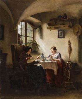 Dirndl mit Großmutter in malerischer bäuerlicher Stube - August Niedmann