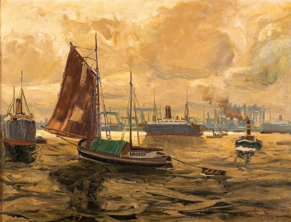 Der Hamburger Hafen mit aus- und einlaufenden Schiffen by Erich Mercker
