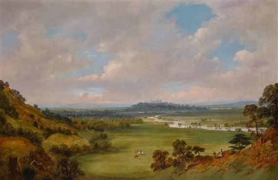 A view of Windsor Castle from the southwest, with Cooper Hill to the left and the plain of Runnymede in the middle by William Daniell