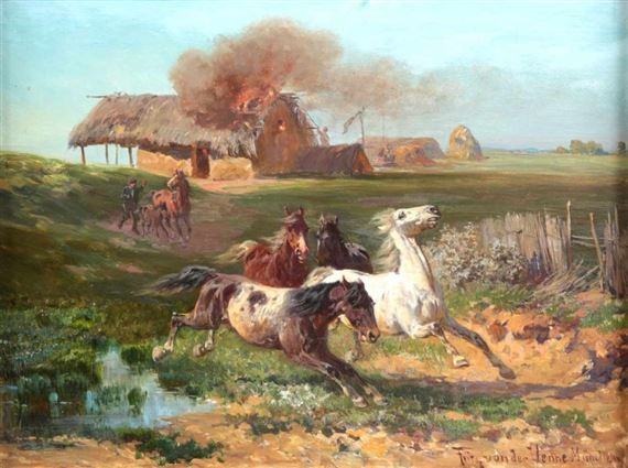 Vor dem Feuer fliehende Pferde by Fritz van der Venne