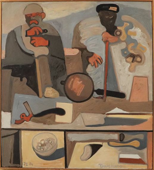 Two seated old men, a magnifying glass and tools by Ed Dukkers, 1972/1974