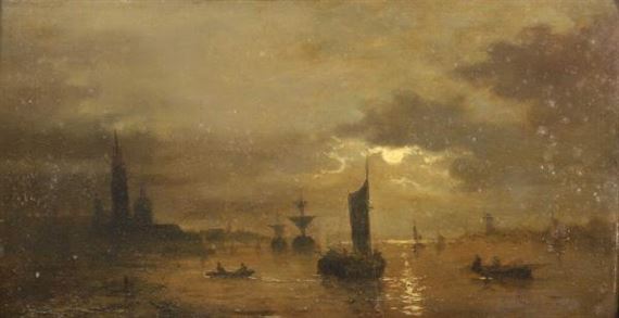 Vue nocturne d'un port by Edward Moerenhout