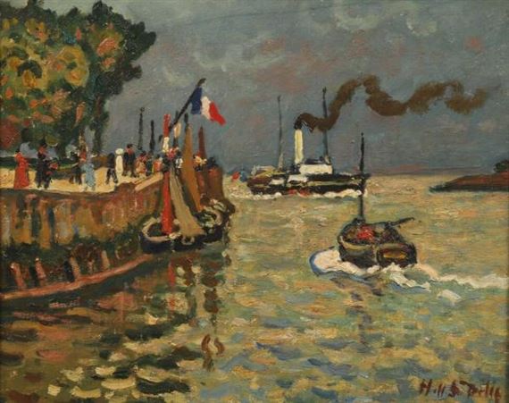 Entrée du port de Honfleur, vapeur en arrière-plan by Henri Liénard de Saint-Délis