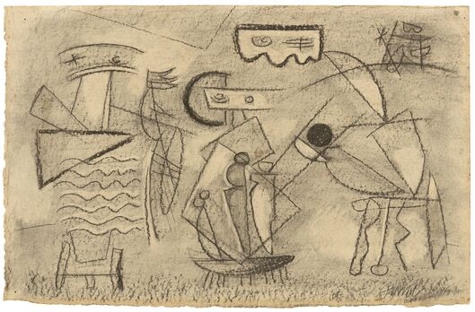 Artwork by Willi Baumeister, Vitale Landschaft mit Kegelspiel X, Made of Coal, whisked and erased, on paper