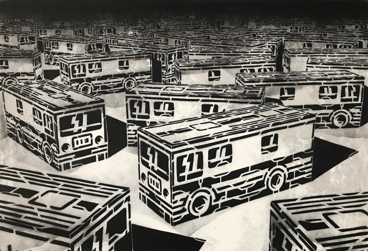 Artwork by Mariusz Waras, M-CITY 754, Made of spray, stencil, canvas