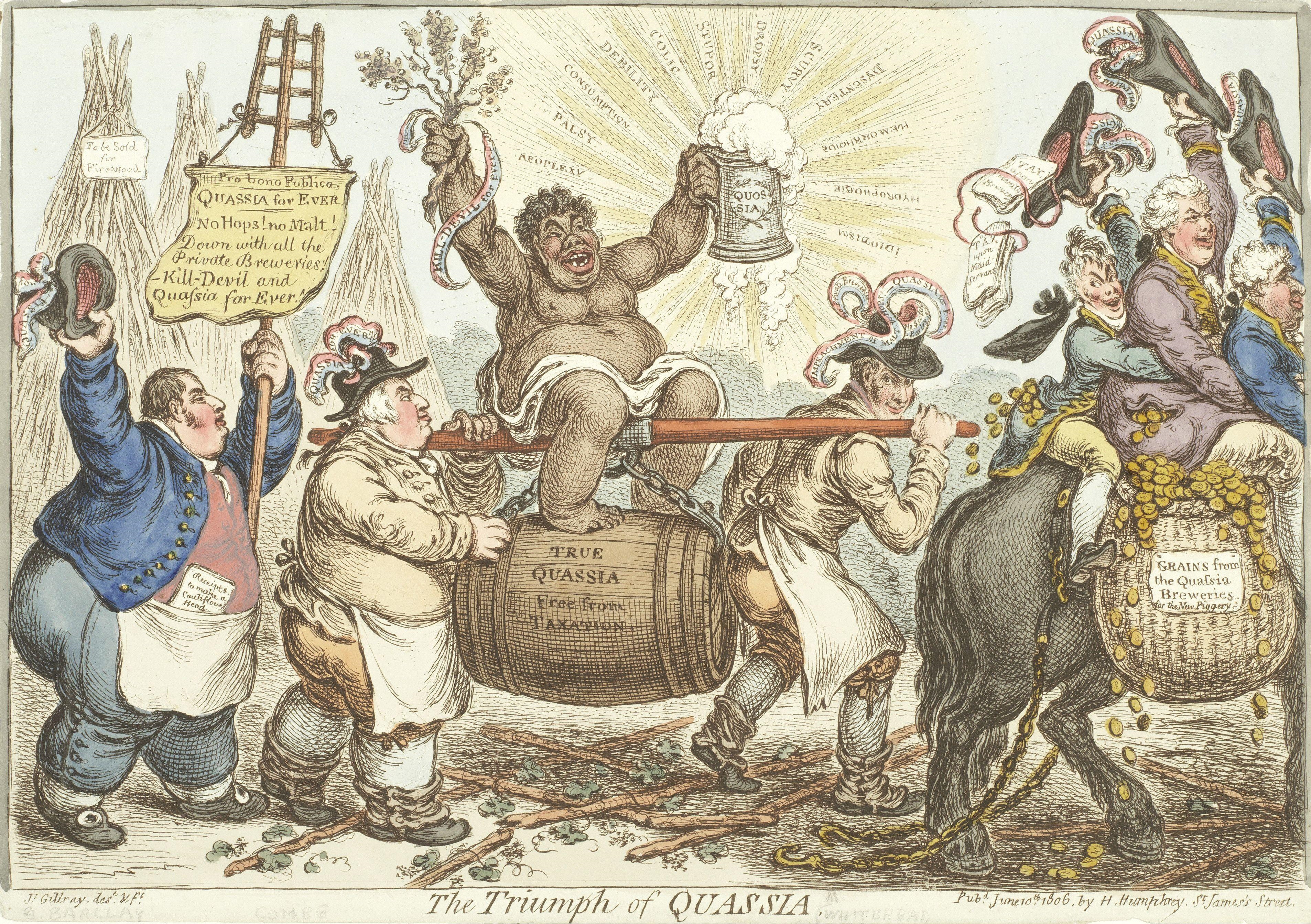 Artwork by James Gillray, The Triumph of Quassia; Bruin in his Boat, Made of Etching with hand colouring