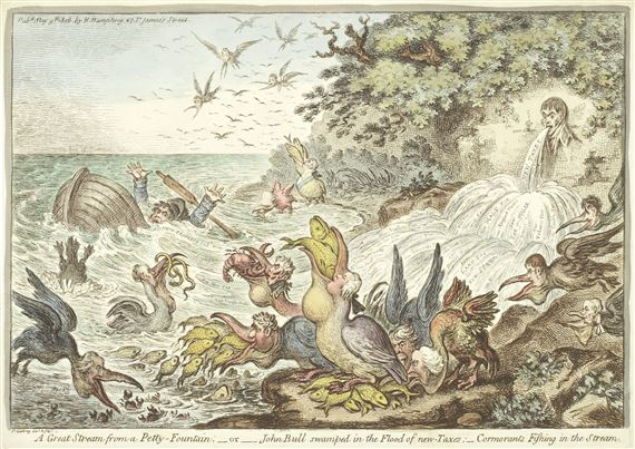 A Great Stream from a Petty-Fountain;-or-John Bull Swamped in the Flood of New-Taxes:-Cormorants Fishing in the Stream by James Gillray, 1806