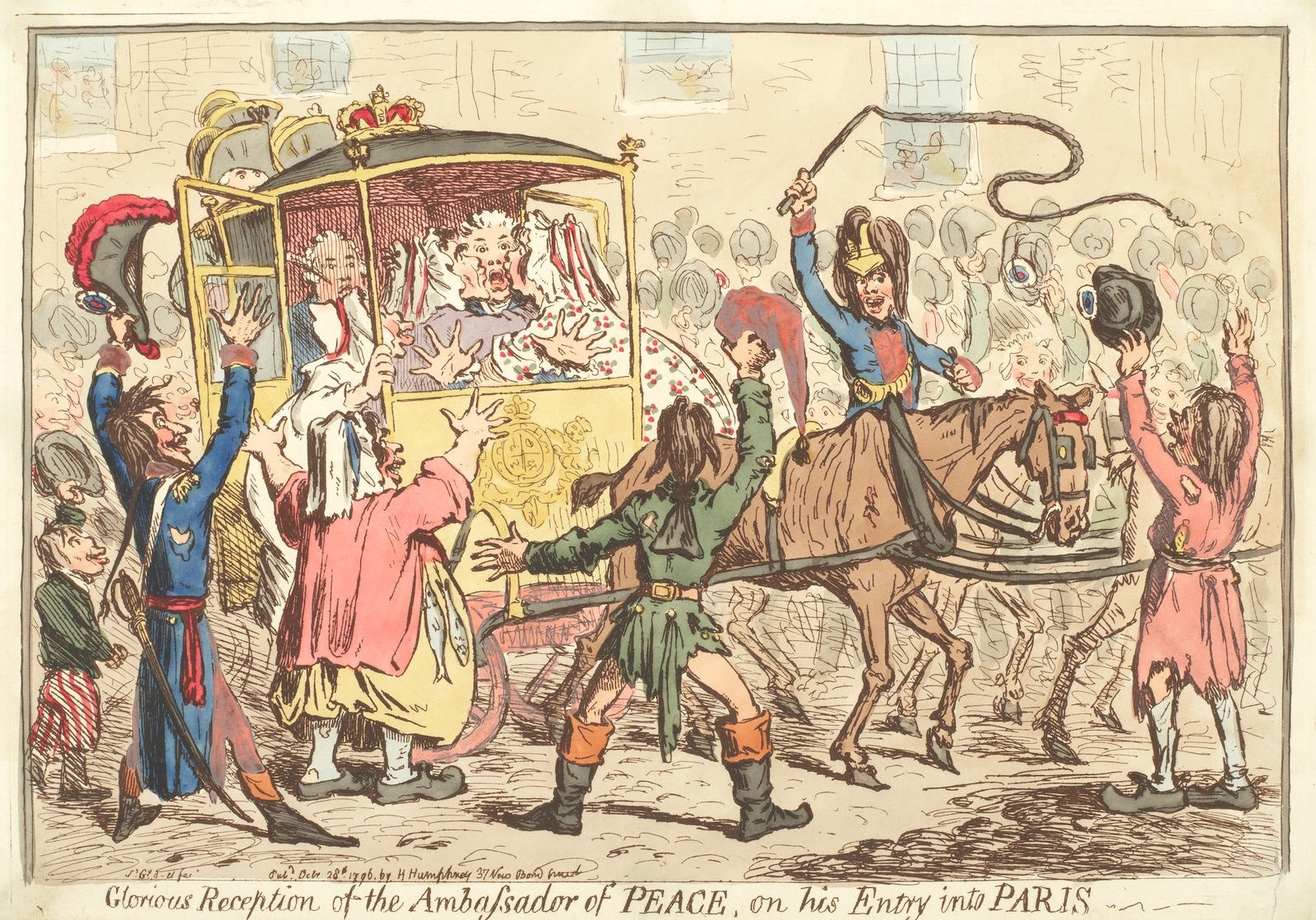 Artwork by James Gillray, Glorious Reception of the Ambassador of Peace, Made of Etching with hand colouring