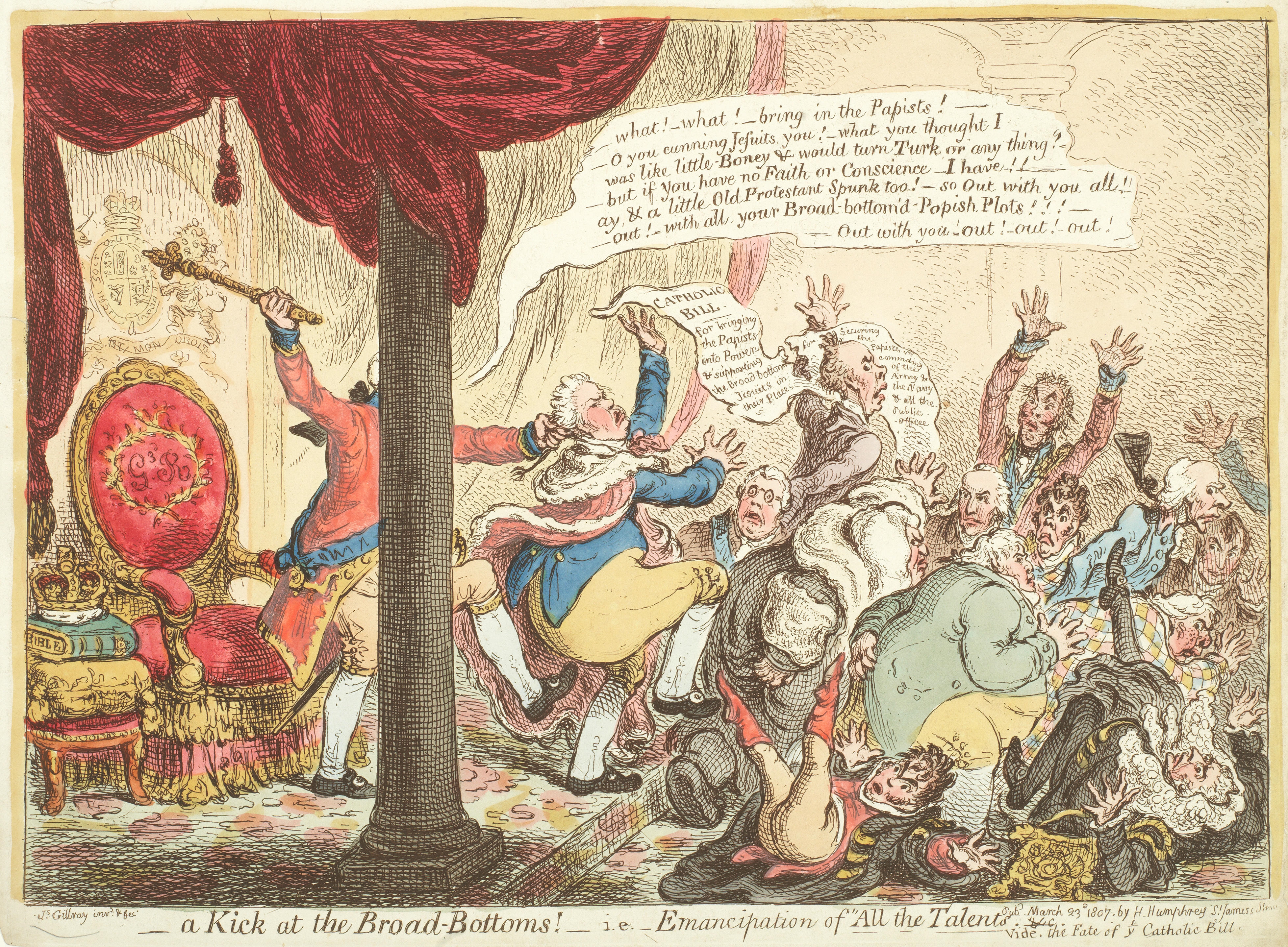 Artwork by James Gillray, A Kick at the Broad-Bottoms!-i, Made of Etching with hand colouring