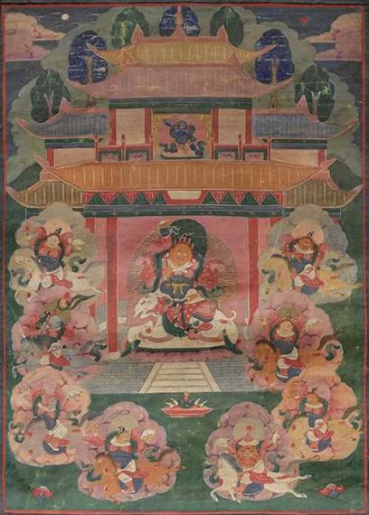 A THANGKA OF VAISHRAVANA AND THE EIGHT HORSEMEN by Mongolian School, 19th Century, 19th c
