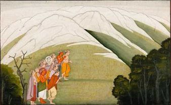 Pigment colours and gold on paper. The gods, threatened by demons, gather at Himavat and praise the Devi. Numbered recto and verso, verso text in nagari. - Guler School