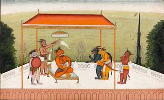 Pigment colours and gold on paper. Chanda and Mumbha tell the demon king Shumbha of the beautiful Ambika residing on the mountain. Numbered recto and verso, verso text in nagari. - Guler School