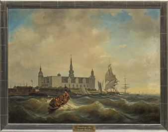 Ruderboot und Segelschiffe vor Schloss Kronborg - Carl Eduard Dettloff